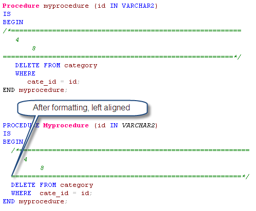 SQL multi lines comment formatting