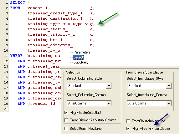 sql formatting align table alias in from clause