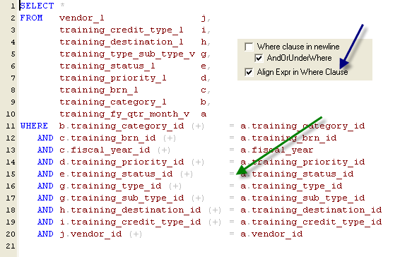 sql formatting align expression in where clause