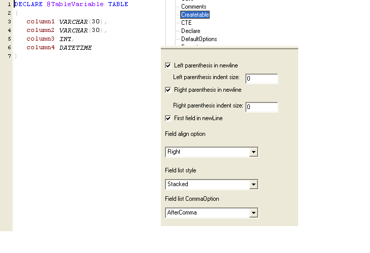 sql formatting create table indent parenthesis