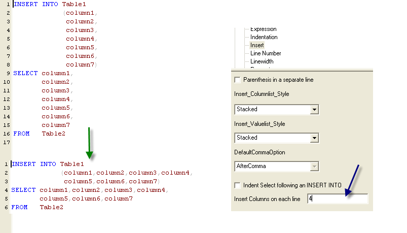 sql formatting insert column on each line